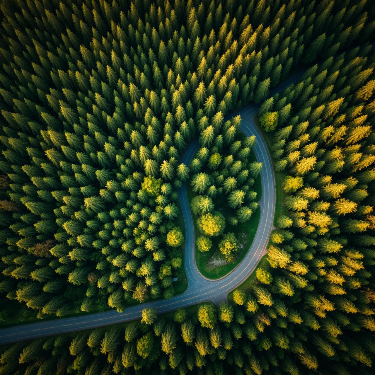 Aerial road through a green forest
